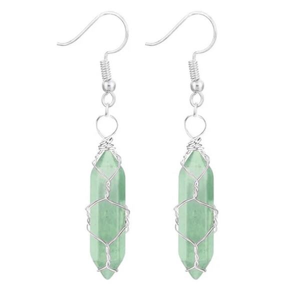 Retail $30 Silver Wire & Aventurine Crystal Hexagon Prism Hook Earrings*NEW - Picture 1 of 1